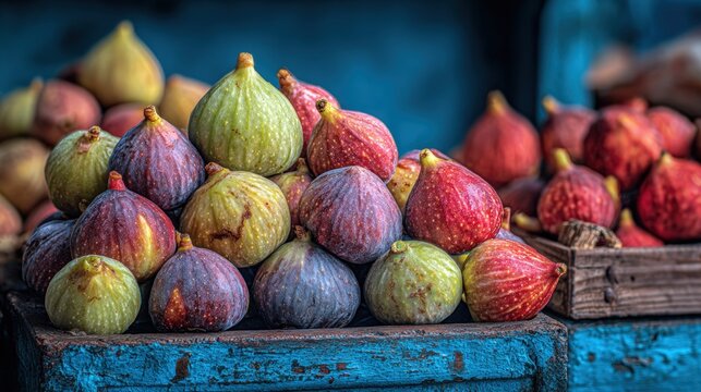 Fresh figs and red apples arranged neatly in a blue crate, showcasing vibrant colors and natural textures in bright daylight.