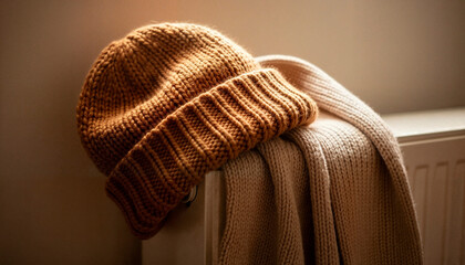 Knitted hat and scarf on radiator, cozy warm atmosphere