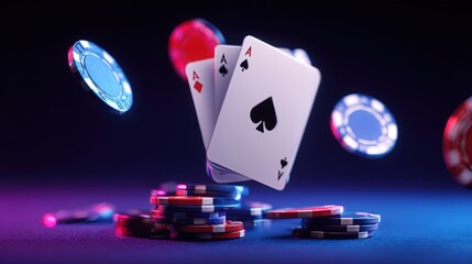 Close-up of colorful poker chips stacked on a table with playing cards spread underneath, showcasing a vibrant gambling scene in bright lighting.
