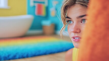 Blond-haired girl with blue eyes looking at camera in a brightly colored bathroom featuring vibrant tiles and modern fixtures during daytime.