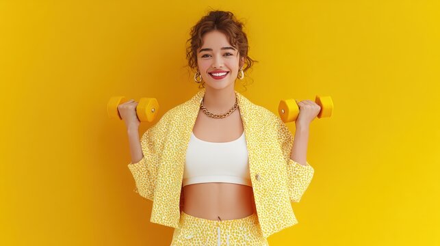Young woman in yellow jacket and shorts holding two dumbbells, exercising outdoors with a blurred natural background in daylight.