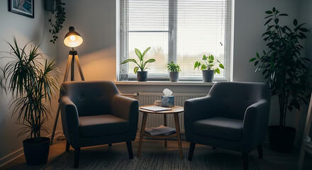 Comfortable and calming therapy room with two armchairs, a small table, and a lamp, offering a safe space for reflection and healing