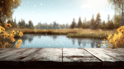 A rustic wooden table overlooking a calm lake under a clear sky, perfect for outdoor dining, relaxation, or nature-themed projects.