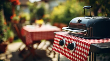 Outdoor grill covered with a red and white checkered tablecloth, set against a blurred natural background, perfect for summer BBQ or picnic themes.