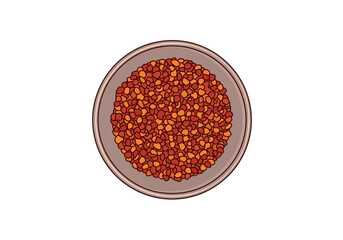 A bowl is filled with red and orange lentils The bowl is round and has a gray rim