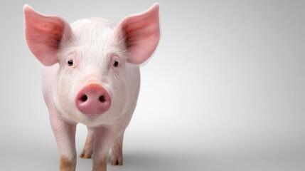 A pig standing upright with ears perked, set against a neutral background, showcasing animal behavior and farm life in natural daylight.