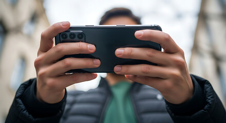 Close-up of a person holding a smartphone horizontally with both hands, using it, blurred background