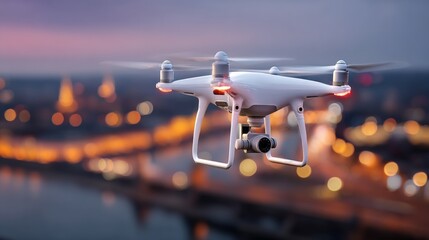 White drone flying over an illuminated urban cityscape at night, showcasing modern technology and aerial perspective against dark sky background.