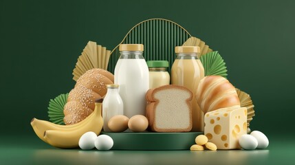 A variety of breakfast foods including milk, juice, bread, cheese, eggs, bananas, and pastries are arranged against a green background.