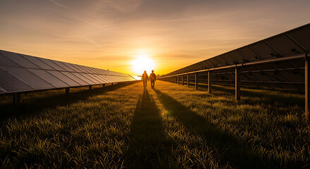 Two people walking towards the sun between rows of solar panels in a field at sunset, illustrating renewable energy and sustainability