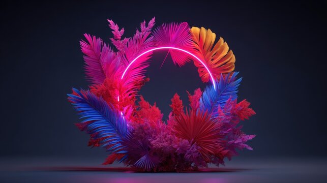 Abstract neon circle with vibrant tropical leaves in pink, blue, and yellow on a dark background, creating a surreal and futuristic atmosphere. - Powered by Adobe