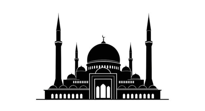 Dark Silhouette of a Mosque with Subtle Lighting architecture isolated on a transparent background