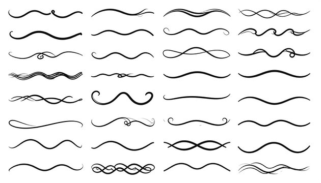 A collection of various hand-drawn, curving, black line designs. Each line varies in wave-like pattern and shape, set on white