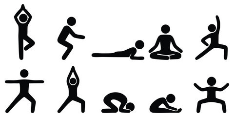 Stickman yoga and meditation poses, Fitness exercise silhouette icons, Yoga stretching and balance illustration set