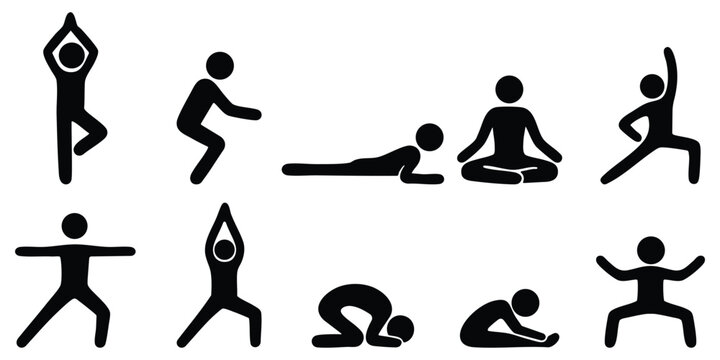 Stickman yoga and meditation poses, Fitness exercise silhouette icons, Yoga stretching and balance illustration set