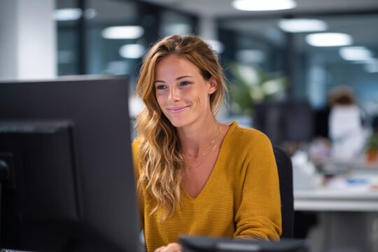 A young woman sits at her desk in a modern office, smiling as she works on her computer. The atmosphere is bright and professional, filled with natural light - Powered by Adobe