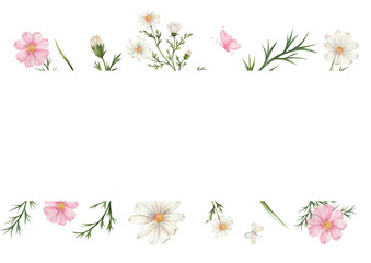 Hand drawn watercolor frame with apple blossoms and pink camellias. Elegant floral border with daisy buds and delicate butterflies. Design with text space for invitations and announcements.