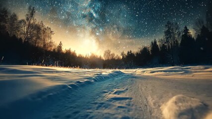 Stunning starry night over snowy landscape in winter woods with brilliant colors illuminating the sky and peaceful trails through the fresh snow - Powered by Adobe