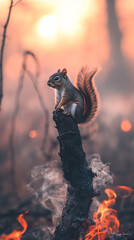 Obraz premium A gray squirrel sits on a charred log amidst smoke and flames. The background features a blurred, fiery landscape, creating a dramatic scene.