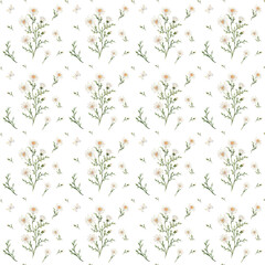 Seamless watercolor pattern with delicate white daisy flowers. Hand drawn botanical design with fresh chamomile, green leaves. Minimalistic floral background on clean white texture.