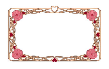 Ornate Art Nouveau horizontal frame with intertwined lines, large pink roses, and small heart accents in a subtle vintage color scheme.