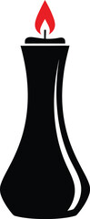 Lit black slender candle with red flame, minimalist vector icon illustration on clean white background