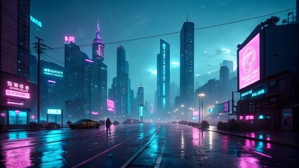 Futuristic Neon City Skyline Reflected on Wet Streets