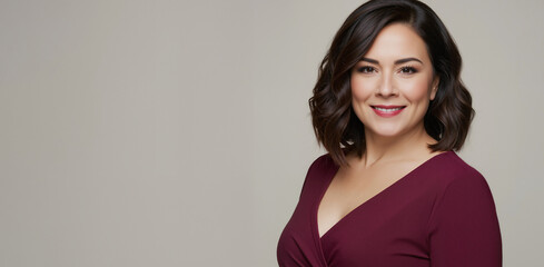 Obraz premium Portrait of a smiling brunette woman with healthy skin and hair. Beauty and cosmetology concept. Professional headshot on a gray background with space for text