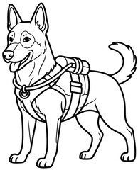 Happy Service Dog Wearing a Harness - Line Art Vector Illustration for Coloring Books and Educational Resources