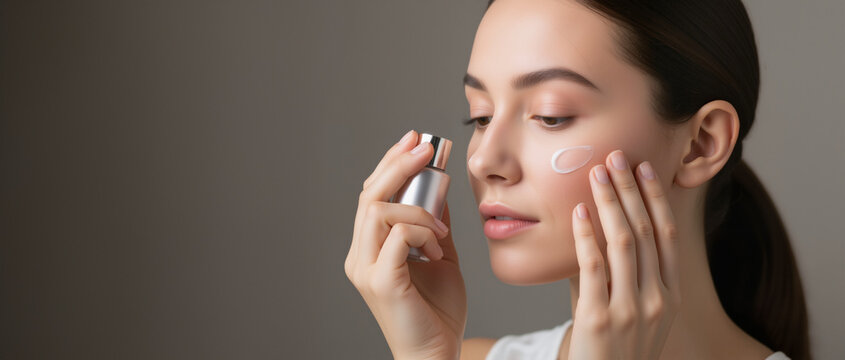 Young woman applying cosmetic cream on her face. Skincare and beauty routine concept with a female model using a facial moisturizer product