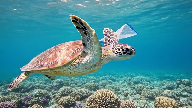 Sea turtle swims near plastic bag coral reef environment marine life issue