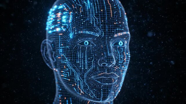 Futuristic digital face with glowing circuits. Innovative technology highlights artificial intelligence features. Close-up view illustrates advanced human-like qualities. Digital art showcases modern