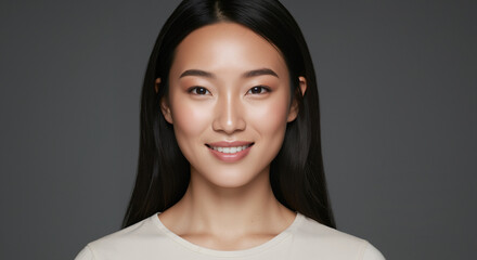 Young asian woman with perfect skin and a happy smile. Natural makeup and cosmetology concept for beauty and skincare treatment