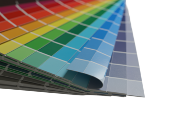 Fanned swatch book, vibrant/gray tones on fibrous glossy cardstock, one lifted, macro shot on transparent background with raking studio light. Material precision study.