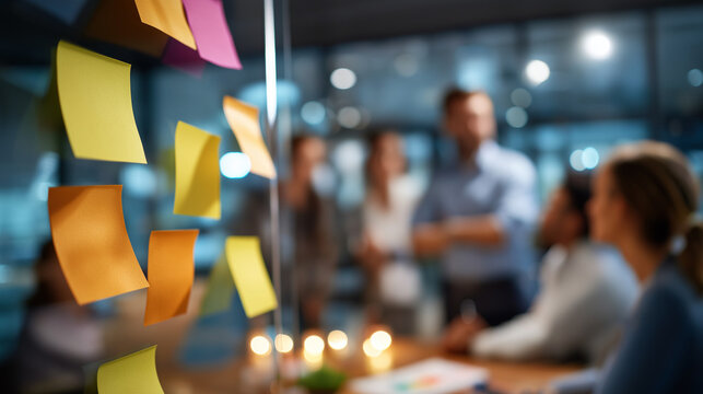 Faceless team brainstorming with colorful sticky notes on glass wall defocused office background collaborative teamwork and planning process business or project management