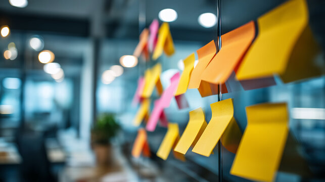 Faceless team brainstorming with colorful sticky notes on glass wall defocused office background collaborative teamwork and planning process business or project management