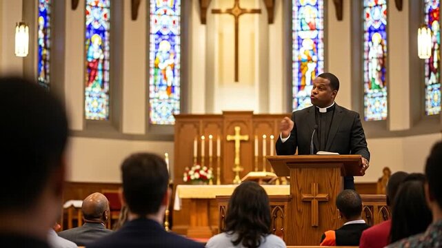 African American pastor delivers a powerful sermon at church, faith and community