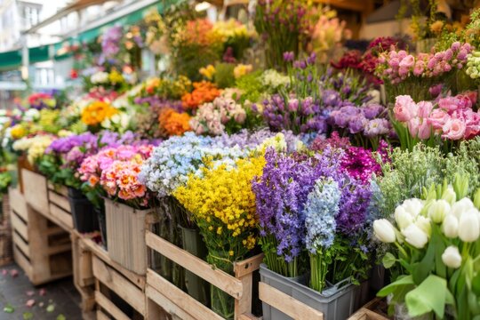 Vibrant flowers of multiple colors fill wooden crates at a bustling market. Customers browse and admire the fresh blooms under a sunny sky, creating a lively atmosphere - Powered by Adobe