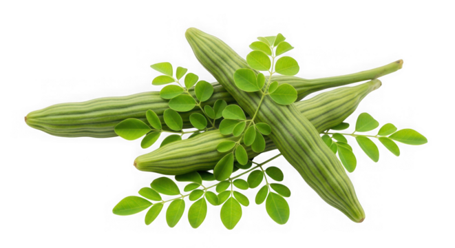 Fresh moringa pods and leaves isolated on transparent background for healthy food