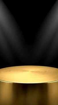 Elegant metallic gold podium on dark black background with subtle spotlights from both sides; glossy reflection and soft smoke effect; luxury branding look.
