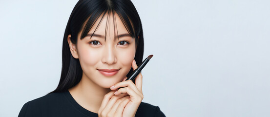 Obraz premium Young Asian woman with natural makeup holding a cosmetic brush. Beauty and cosmetology concept with a smiling model. Skincare advertisement banner with copy space