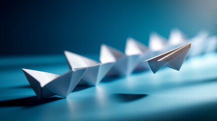 Paper planes in row on blue background one plane going different direction faceless conceptual composition slightly defocused breaking new ground concept stepping out of line