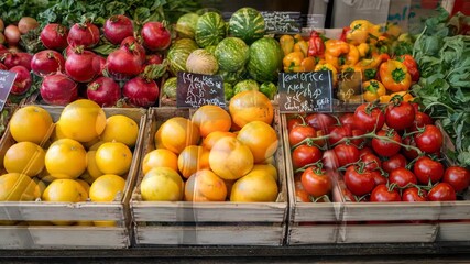 Colorful arrangement of fresh fruits and vegetables at a bustling market in the heart of the city showcasing local produce - Powered by Adobe
