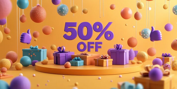 Bright and playful 50% OFF sale graphic with purple 3D text surrounded by colorful gift boxes and confetti on a vibrant yellow background.