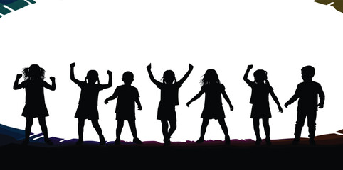 Children silhouettes, raised arms, joyful pose, colorful ground, abstract shapes, unity, celebration, movement, energy, black and white, expressive scene