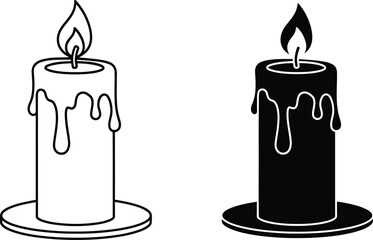 Burning candle icon set, outline and solid silhouette, simple graphic vector illustration style