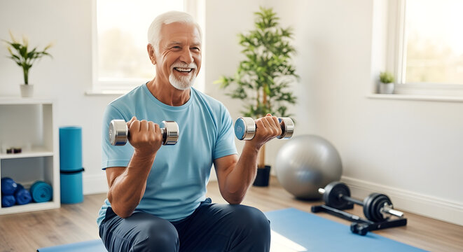 Senior man working out with dumbbells at home for healthy lifestyle and fitness strength training exercise