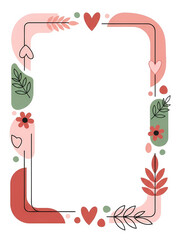 Vertical abstract frame with rounded corners, featuring simple line art, hearts, and organic shapes in a trendy, modern color palette.