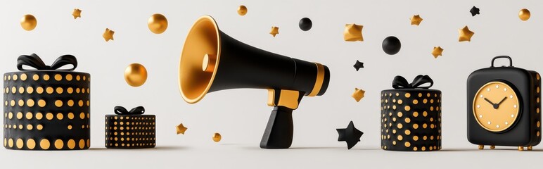 Elegant black and gold collection with wrapped gifts, alarm clocks, and a megaphone