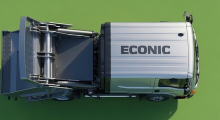 Aerial perspective showcases state-of-the-art econic refuse truck on the green field